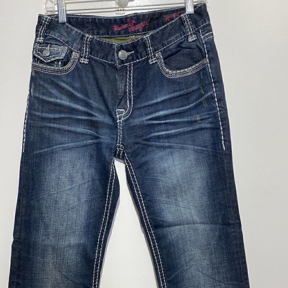 Rock and Roll Cowgirl Women's‎ Blue Whiskering Faded High Rise Jeans Size 30X34